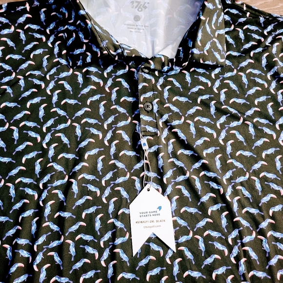 1764 Mens Golf Polo Performance Toucan Bird Theme Black XXL 2XL Button - Picture 3 of 4